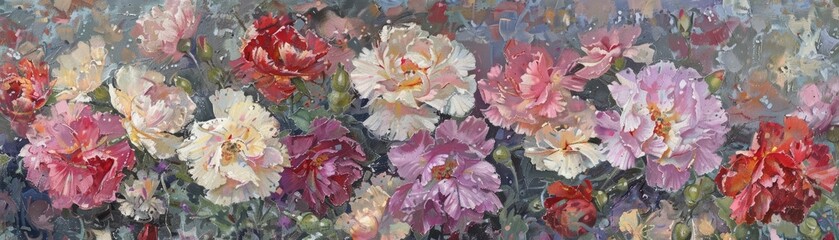 Carnations, with their intricate layers and varied hues, paint a lively mosaic that dances lightly in the breeze, background concept