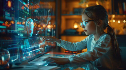 A young girl wearing glasses interacts with a complex holographic display featuring futuristic digital interfaces and graphics. Young Girl Interacting with Advanced Holographic Display

 - Powered by Adobe