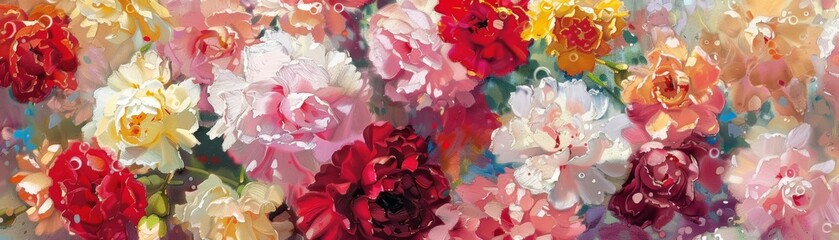 Carnations, with their intricate layers and varied hues, paint a lively mosaic that dances lightly in the breeze, background concept