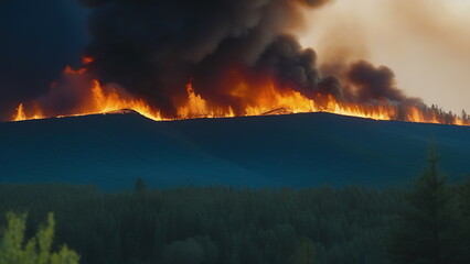 Burning forest on the horizon on a hill