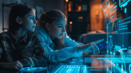 Two young girls deeply focused as they interact with advanced digital interfaces for educational purposes in a technology-driven environment. Young Girls Engaged in Interactive Digital Learning

