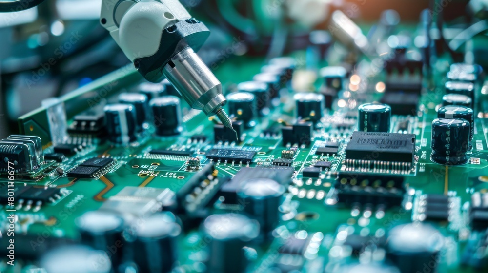 Poster Close-up of a modern manipulator robot in a modern high-tech electronics factory. Manufacturing and Installation of components on an automated PCB assembly line
