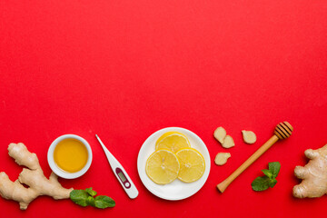 Natural cold and flu home remedies. Natural ingredients for immunity stimulation and viruses protection. top view flat lay