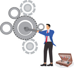 Businessman holding wrench to repair running gear