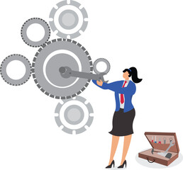 Businesswoman holding wrench to repair running gear