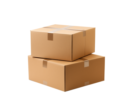 stacked cardboard boxes on a plain transparent background, symbolizing logistics and packaging. Generative AI