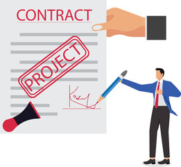 Little businessman signs a contract with a giant