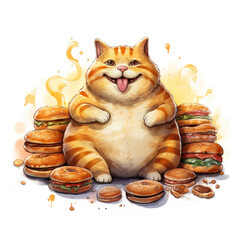 Fat cat surrounded by hamburgers illustration. Concept of overeating and excess weight. Funny fat cat eats lot