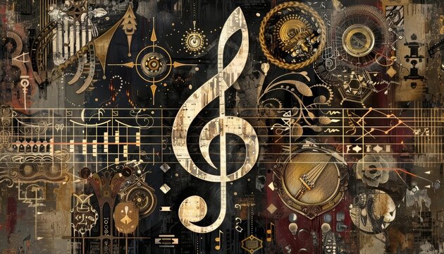 Generate an artistic interpretation of a musical symbol note surrounded by various symbols and motifs symbolizing different genres and styles of music