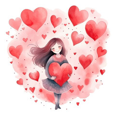 Positive happy girl with heart in her hands watercolor illustration. Romantic female image. Love and support concept