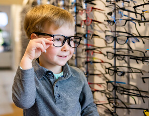 Portrait of kid young boy wearing glasses in store optician shop happy smile