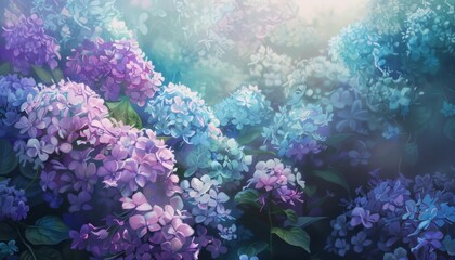Hydrangeas bloom in clusters of azure and violet, their lush fullness enveloping the scene with tranquility, background concept