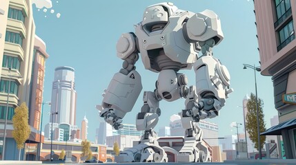 In a 3D cartoon, a software engineer programs a giant, friendly robot that assists in city tasks, highlighting innovation and tech expertise in a futuristic cartoon concept