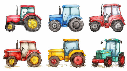 A set of different tractors, a children's background postcard on a white background