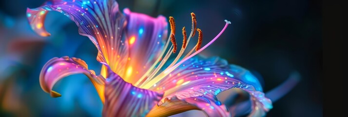 Lilies are transformed into holographic displays, their stamens projecting soft, multicolored light patterns, a merger of flora and technology in a macro concept