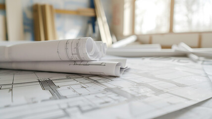 Construction drawing on the background of a renovated room, image of the construction industry
