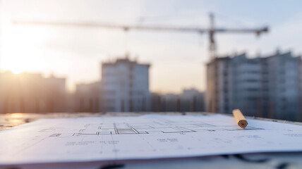 Construction drawing on the background of a multi-storey residential building, an image of the housing construction industry