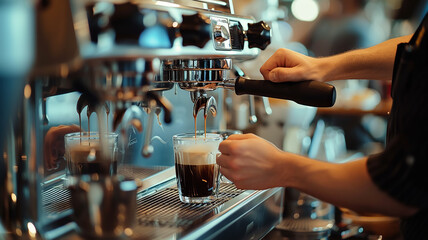 Naklejka premium A barista pours coffee from a coffee machine, a dark background image of a coffee maker in the interior of a cafe