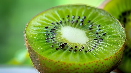 A Close-Up View of a Freshly Cut, Juicy Kiwi Fruit Revealing its Vibrant Green Flesh and Black Seeds”