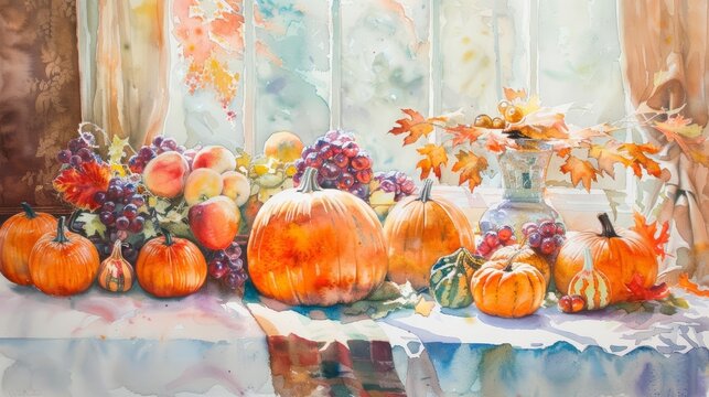 Thanksgiving gathers loved ones, the table a canvas of harvest hues and shared gratitude, bright water color