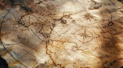Worn edges of a vintage map adorned with faded calligraphy and symbols indicating ancient territories and sea routes