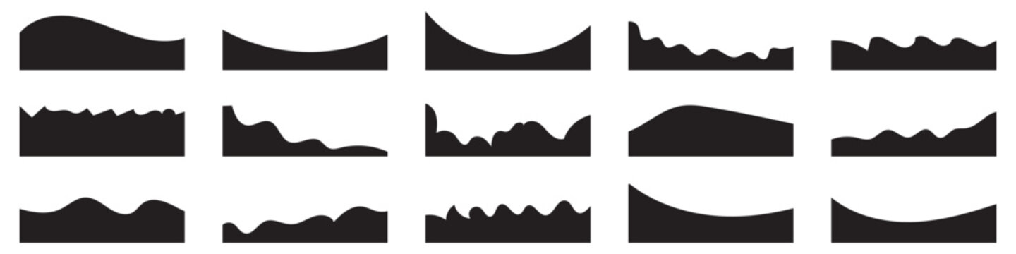 Divider Shape for Website Set. Abstract Design Elements for Top and Bottom Web Page. Wave Shape, Curve Line, Drops Separator Effects Collection For Poster, App, Banner.Vector Illustration . EPS 10