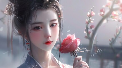 Fototapeta premium Ethereal Beauty Amidst Blossoming Flowers: A Serene and Mystical Atmosphere