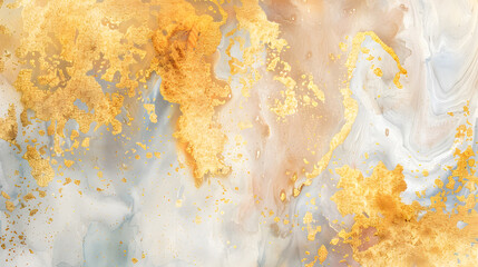 Watercolor paper grain texture painting wall. Abstract gold, nacre and beige marble background. Generative AI.