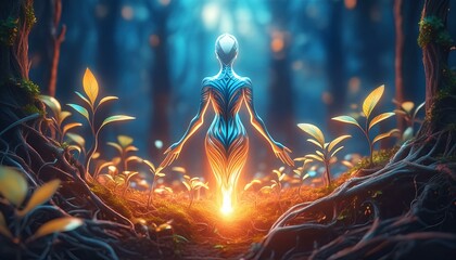 An ethereal figure glowing with light, healing wildlife in a burnt forest, surrounded by