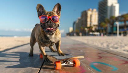 Skateboarding French Bulldog Wearing Sunglasses on a Sunny Beach Promenade, Urban Lifestyle Concept
