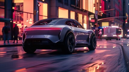 A futuristic electric vehicle overtaking on a city street, rear curtain sync highlighting the dynamic motion effect, editorial photography 