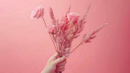 A Gentle Embrace: Delicate Pink Roses and Fluffy Astilbe Flowers Against a Soft Pink Background