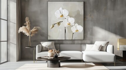 White orchid rose, minimalist gray background, modern home decor magazine cover, crisp lighting, perfectly centered