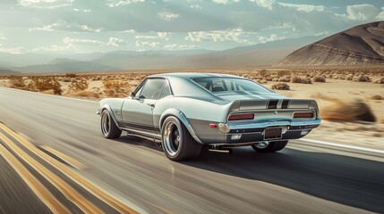 Fototapeta na wymiar A vintage muscle car overtaking on a desert road, rear curtain sync accentuating the classic dynamic motion, editorial photography 