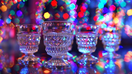 Crystal glassware against a backdrop of vivid bokeh lights, reflecting a festive and celebratory atmosphere.