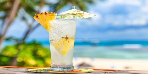 A refreshing pineapple cocktail on a sunny beach with blue ocean background.