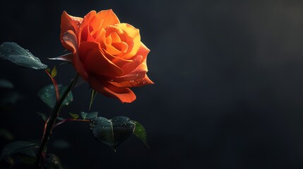 Orange Chinese rose, dark charcoal background, modern decor magazine cover, dramatic side lighting, frontal perspective
