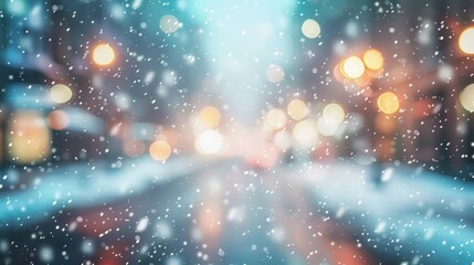 Evening snowfall on an urban street illuminated by warm glowing lights, conveying a cozy winter atmosphere.