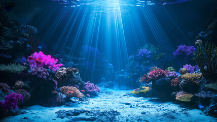 A beautiful underwater scene with colorful coral reefs and sea creatures.