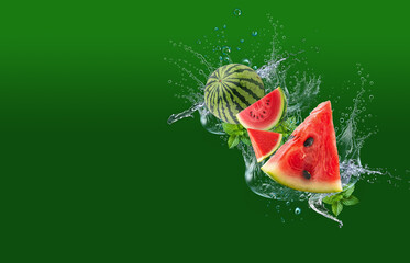 Watermelon slice on green background