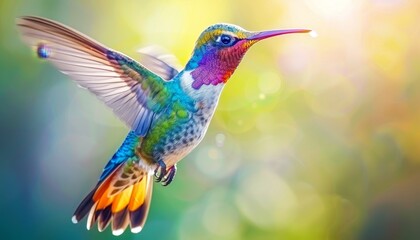 Fototapeta premium Graceful hummingbirds flying, poised to sip nectar from vibrant and colorful flowers