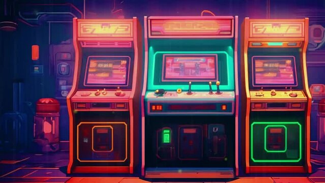 A retro arcade game in a dimly lit room filled with neon lights and vintage posters, 4k High-Quality anime-style animations video
