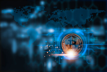 A conceptual digital image of a glowing Bitcoin symbol with a stylized global map backdrop, emphasizing cryptocurrency's worldwide impact.