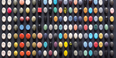Colorful assortment of pills organized in rows - obrazy, fototapety, plakaty