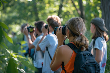 A young person focuses a camera on a tripod capturing the beauty of nature