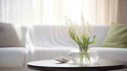 A vase with a bouquet of flowers in the interior of a room on the background of a sofa and a window in daylight