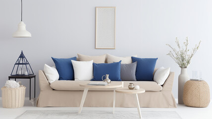A white sofa with blue cushions against a light empty wall