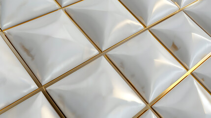 3D soft geometry of high quality tiles with realistic texture made from white leather with golden decor stripes and rhombus. Generative AI.