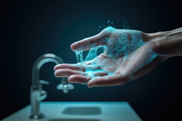 A person washing their hands under a running faucet to maintain personal hygiene, particularly during the COVID-19 pandemic. Generative AI