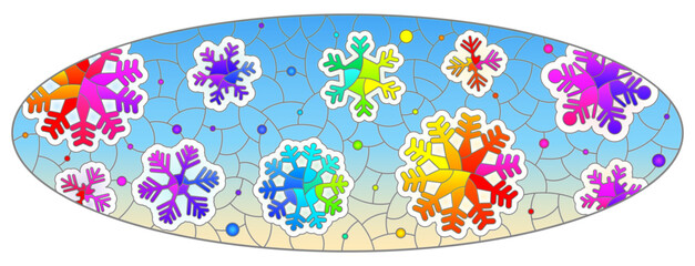 Illustration in the style of a stained glass window with bright snowflakes on a blue sky background